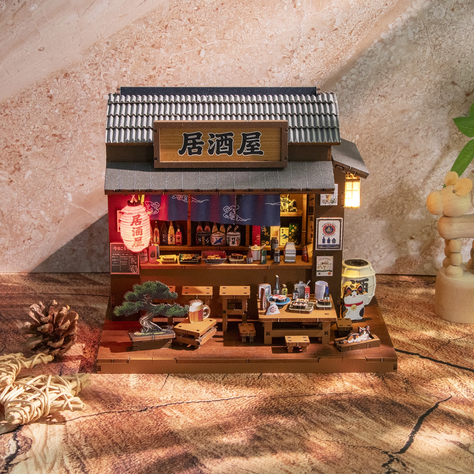 DIY 3D Puzzle Wooden Dollhouse Kit, Japanese Izakaya Street View Miniature Building Model, Hand‑Assembled Diorama House, Gift