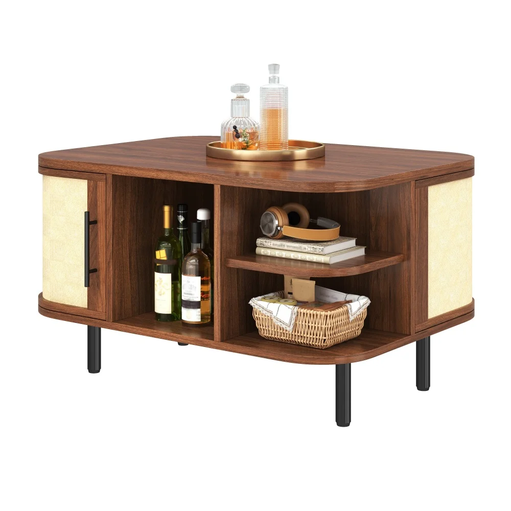 Tavolino da salotto, tavolino d'appoggio, forma curva, superficie intrecciata, struttura in MDF, maniglie in metallo, gambe in metallo, vano portaoggetti, tavolino per soggiorno