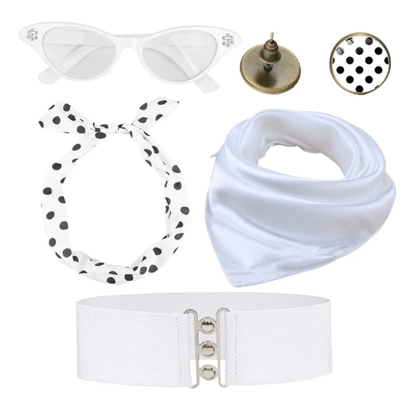 Adult Halloween Cosplay Costumes 1950s Set Chiffon Scarf for Cat Eye Shape Eyeglasses Bandana Tie Headband Earrings Suit