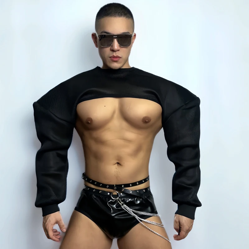 New Muscle Man Sexy Pole Dance Clothing Exaggerated Shoulder Top Jazz Shorts Men Party Dj Ds Gogo Costume Stage Rave Outfit Set