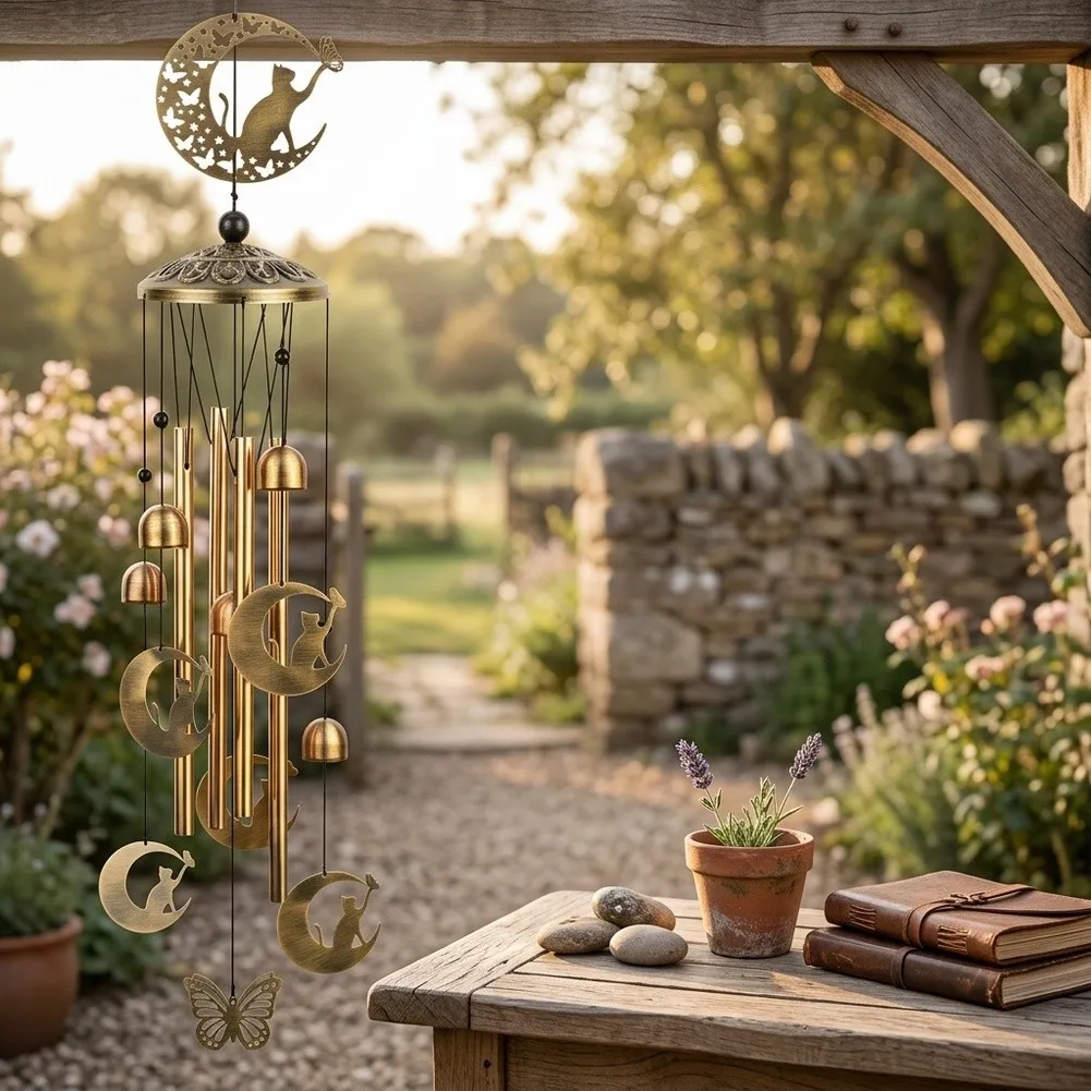Easy To Install Wind Chime Wind Chime Brass Color Cat Wind Chimes Deep Soothing Sounds Reinforced S-hook Included