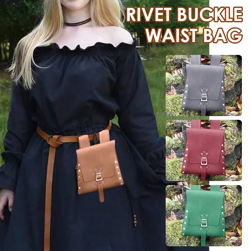 Medieval Rivet Buckle Pu Leather Pouch Renaissance Waist Purse Bag  Solid Color Metal Decoration Rivet Buckle Outdoor Pack