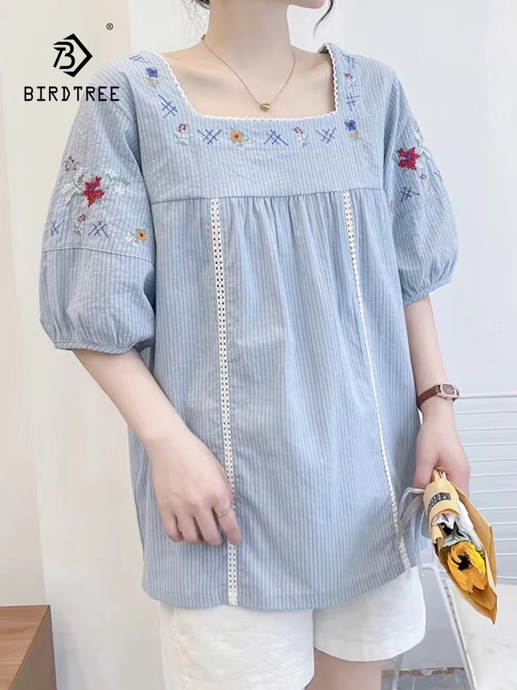 

New 2026 Spring Women Cotton Short Sleeve Shirt, Women Square Collar Embroidery, Mori Girl Japan Style Loose Blouse T61517CC