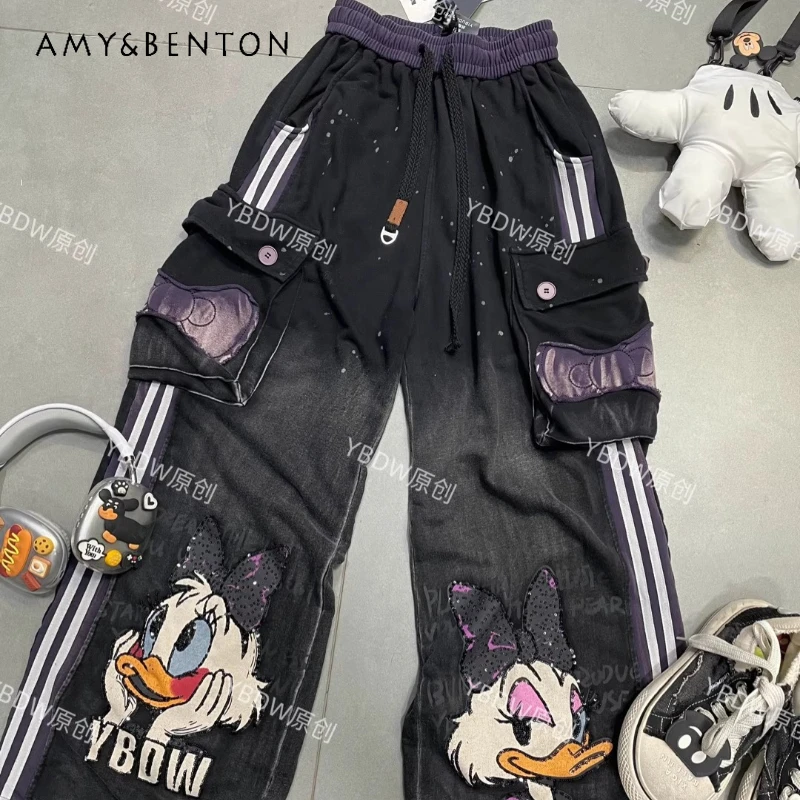 

Autumn New Heavy Craft Cartoon Workwear Casual Sweatpants Y2k Kawaii Trousers Loose High Waist Wide Leg Pants Women's Clothing