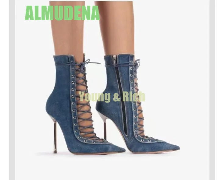 

Blue Jeans Hollowed Out Cross Fashion Pointed Sexy Mesh Perspective High Heels Women's Motorcycle Style Short Boots