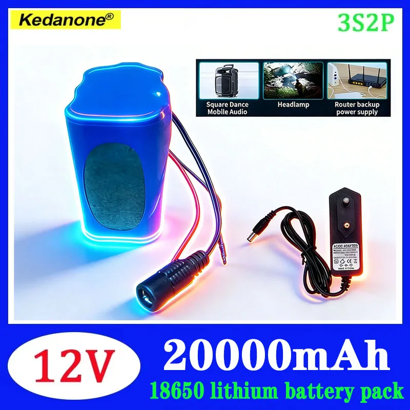 Kedanone 12V 20000mAh mit BMS, wiederaufladbare Li-Ionen-Batterien, Lithium-Batteriepacks, Schutzplatine für die Überwachung + Ladegerät 12,6V