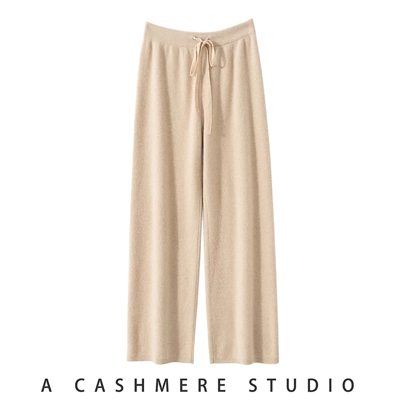 Autumn and Winter New Women Pants 100% Cashmere Soft Comfortable High-Waist Knitted Trousers Female Loose Thicken Wide Leg Pants