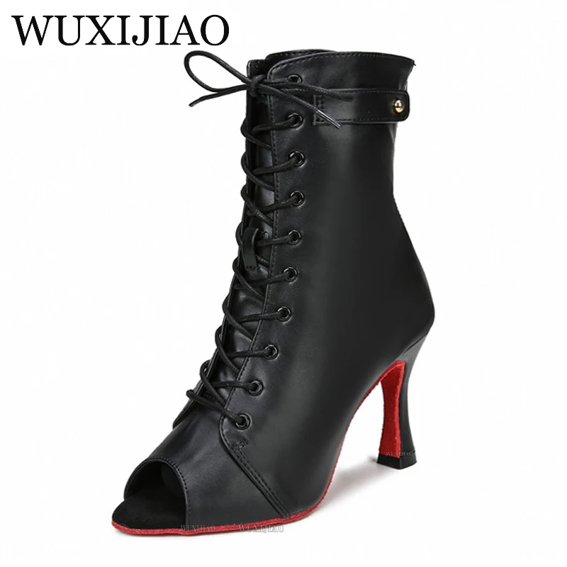 Black high top Latin shoes dance shoes women\'s jazz boots high heels indoor soft soles modern steel pipe dance shoes lace up