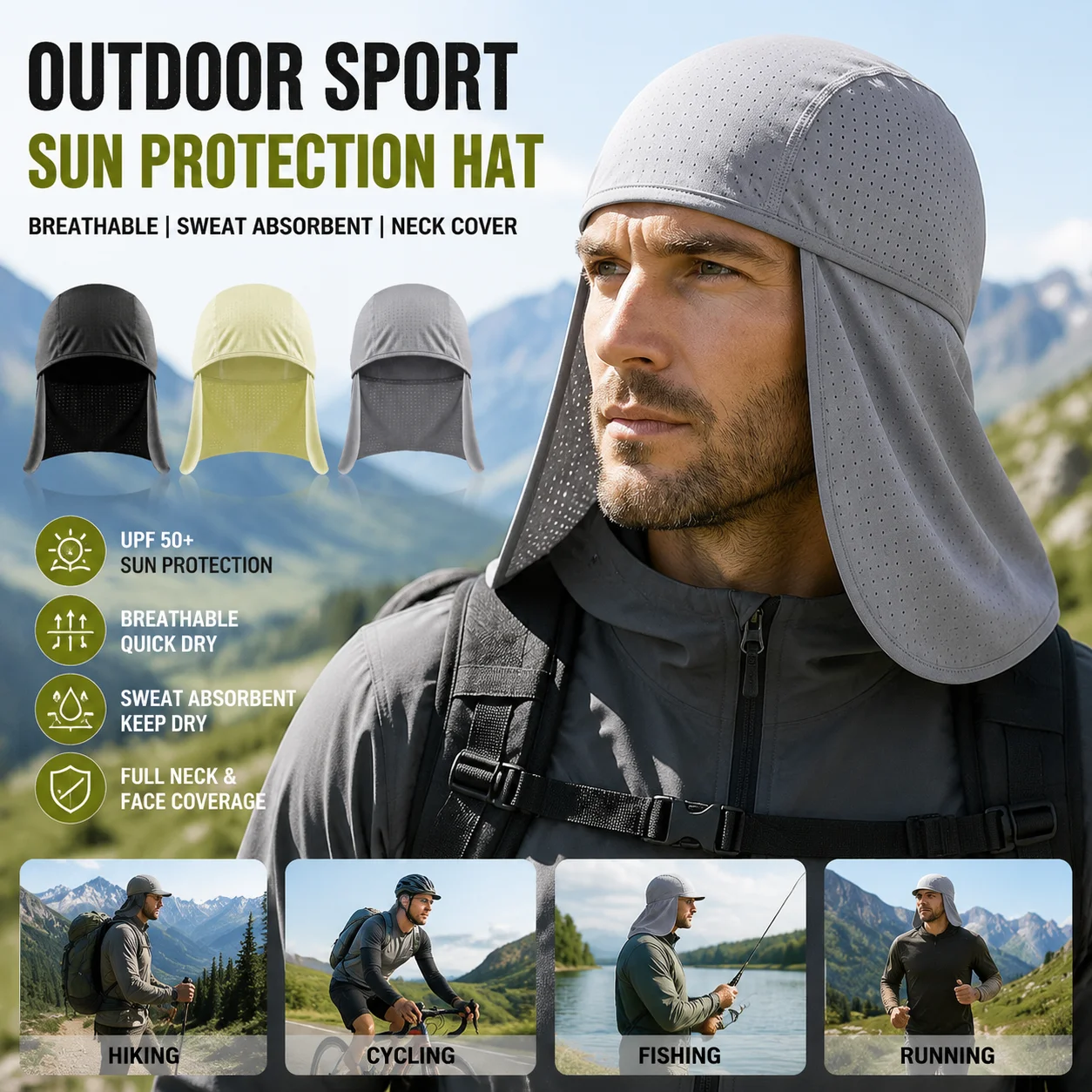 Outdoor Sun Hat for Men Women Sun Protection Neck Flap Breathable Quick Dry Cap for Hiking Fishing Cycling Travel Sports