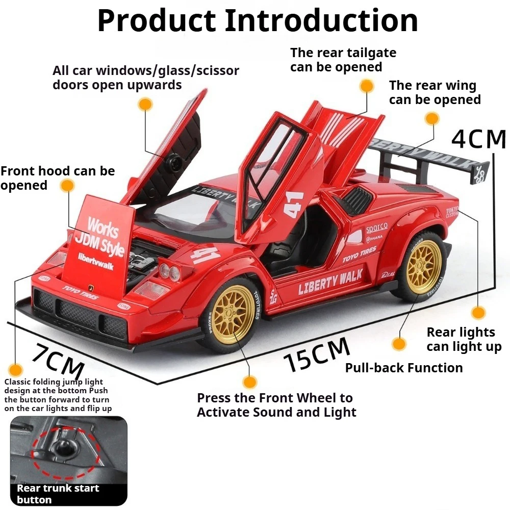 1:32 Lambor Countach LBWK SVJ63 Cars Toys Models Doors Opened Miniature Vehicles with Light Sound Sports Car Toddler Kids Gifts