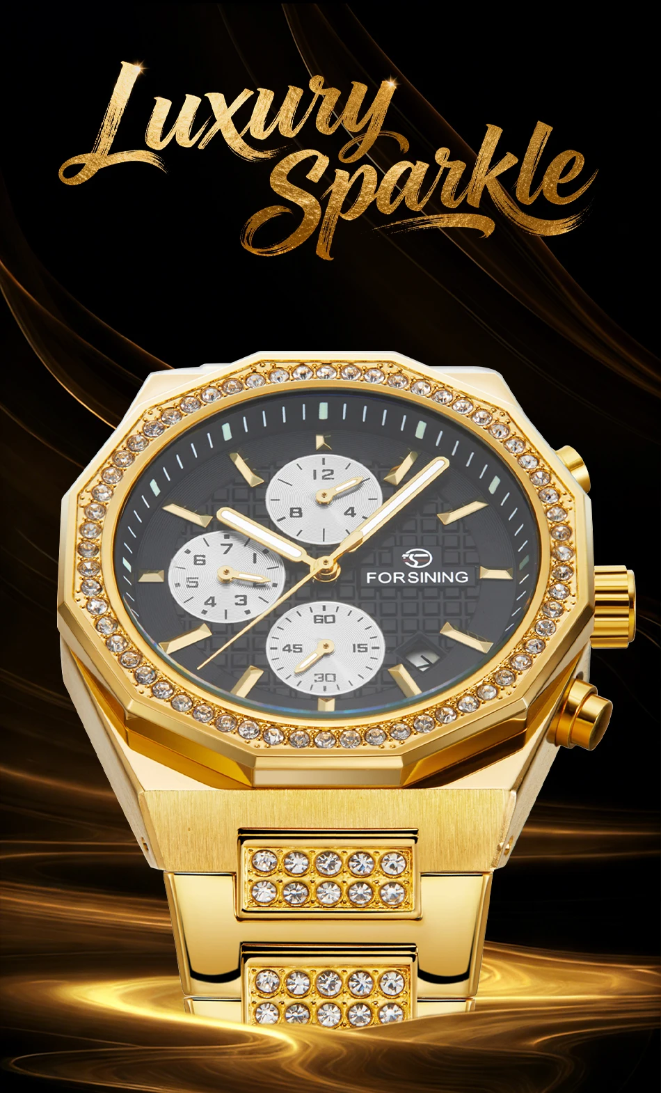 FORSINING Luxury Multi Function Men Watch Automatic Mechanical Luminous Diamond Calendar Waterproof Stainless Steel Sports Clcok