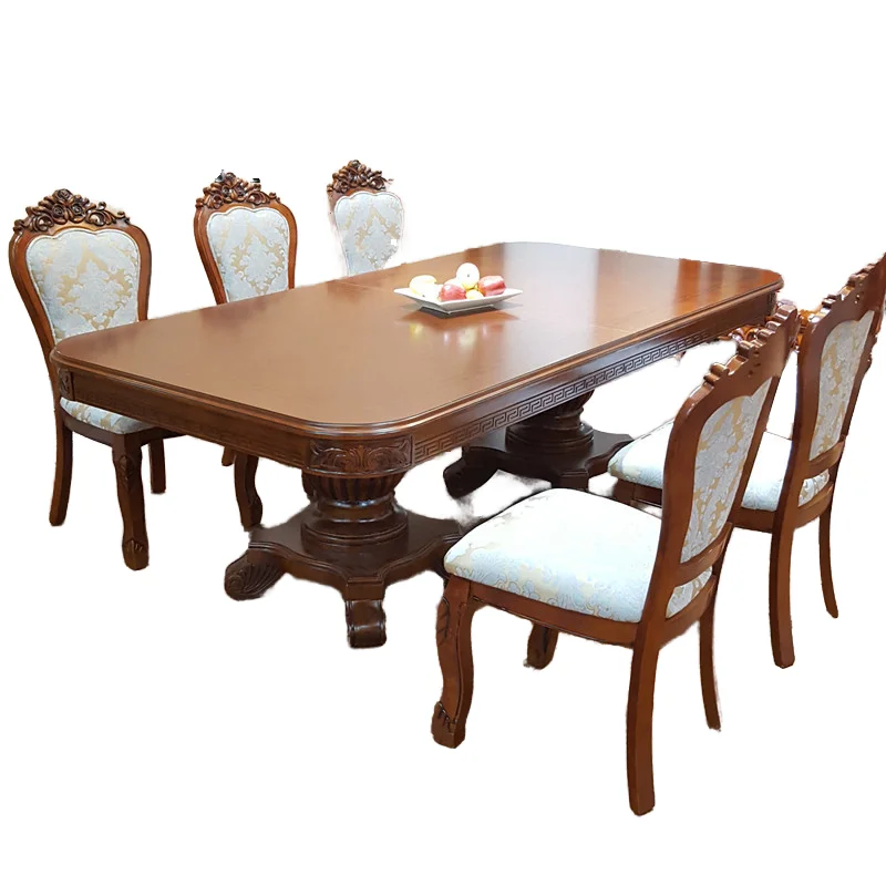 

gh-European Style Solid Wood Dining Table Chair Set 8-16 People Extendable Villa Hotel Long Table for Home Furniture^