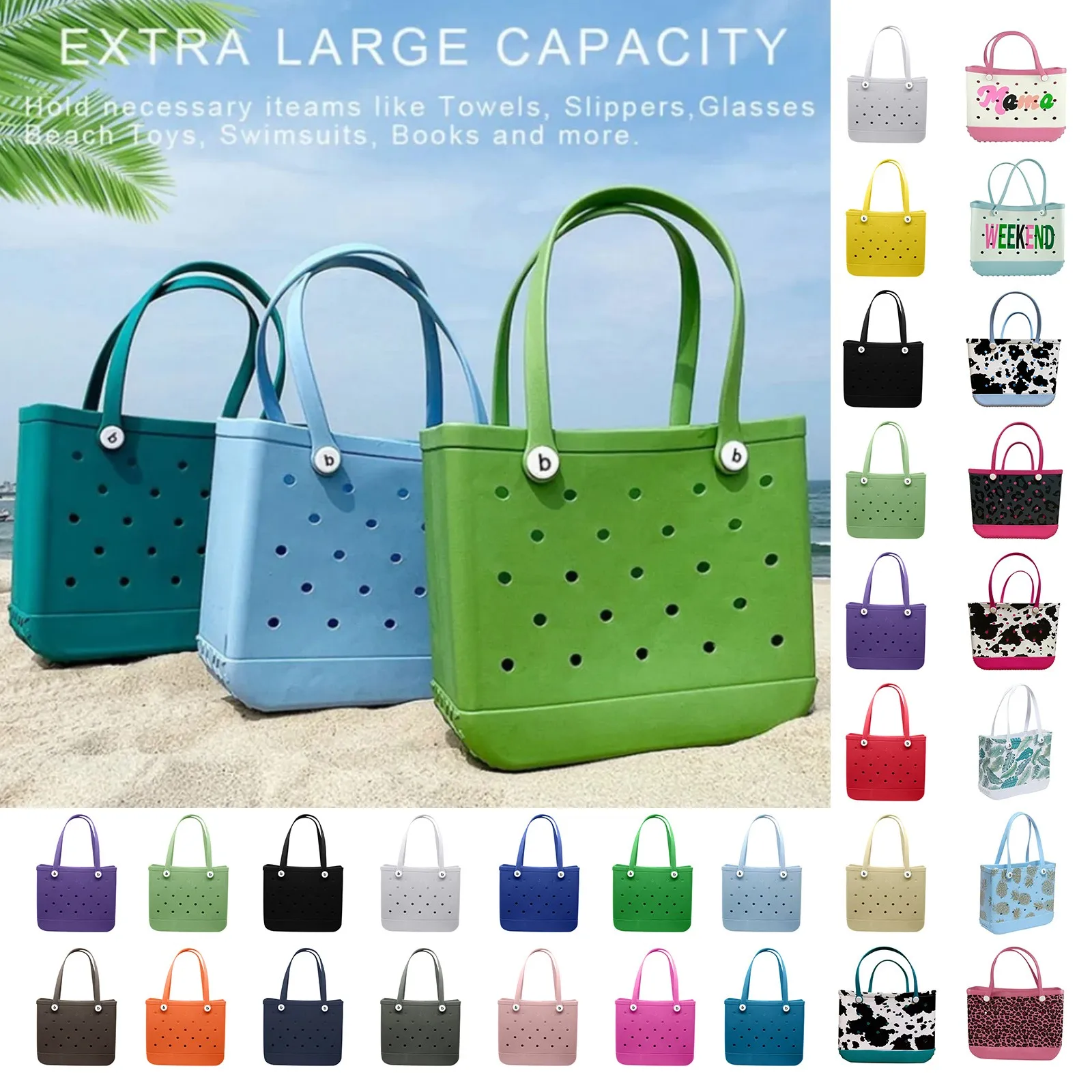 

Large Boggs Beach Bag Summer EVA Beach Basket Women Picnic Tote Bag Holes Waterproof Handbag Pouch Shopping Shoulder Bag