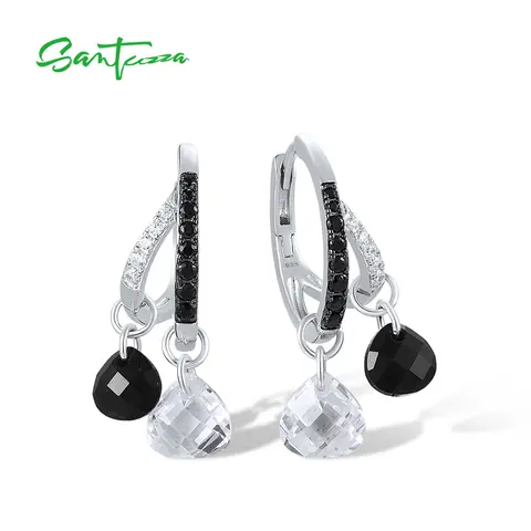 SANTUZZA 여성용 리얼 925 스털링 실버 루프 귀걸이, 스파클링 화이트 CZ 블랙 스피넬, 매달린 트렌디 파티 파인 주얼리 Best5 SANTUZZA 여성용 리얼 925 스털링 실버 루프 귀걸이, 스파클링 화이트 CZ 블랙 스피넬, 매달린 트렌디 파티 파인 주얼리 Best5