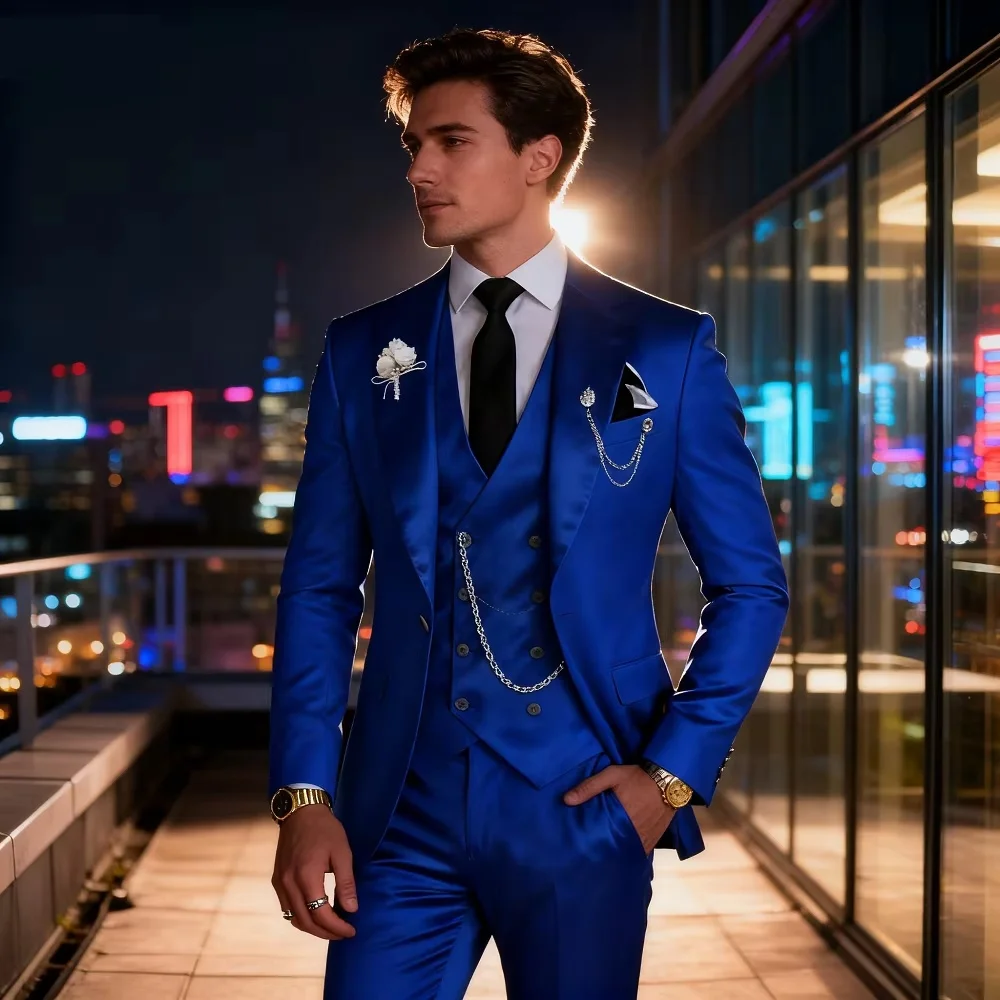 

Blue Business Mens Suits Wedding Tuxedos Fashion Groom Outfit Slim Fit Peaked Lapel Blazer Prom Mens Suits(Jacket+Vest+Pants)