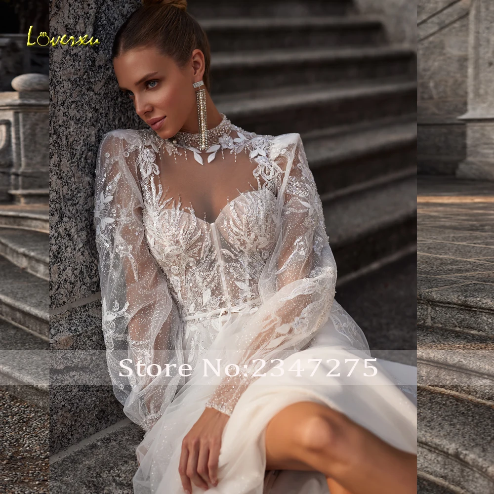 Loverxu A-Linie anmutige Brautkleider High Neck Langarm Vestido de Novia Spitze Perlen Pailletten Illusion Robe de Mariee