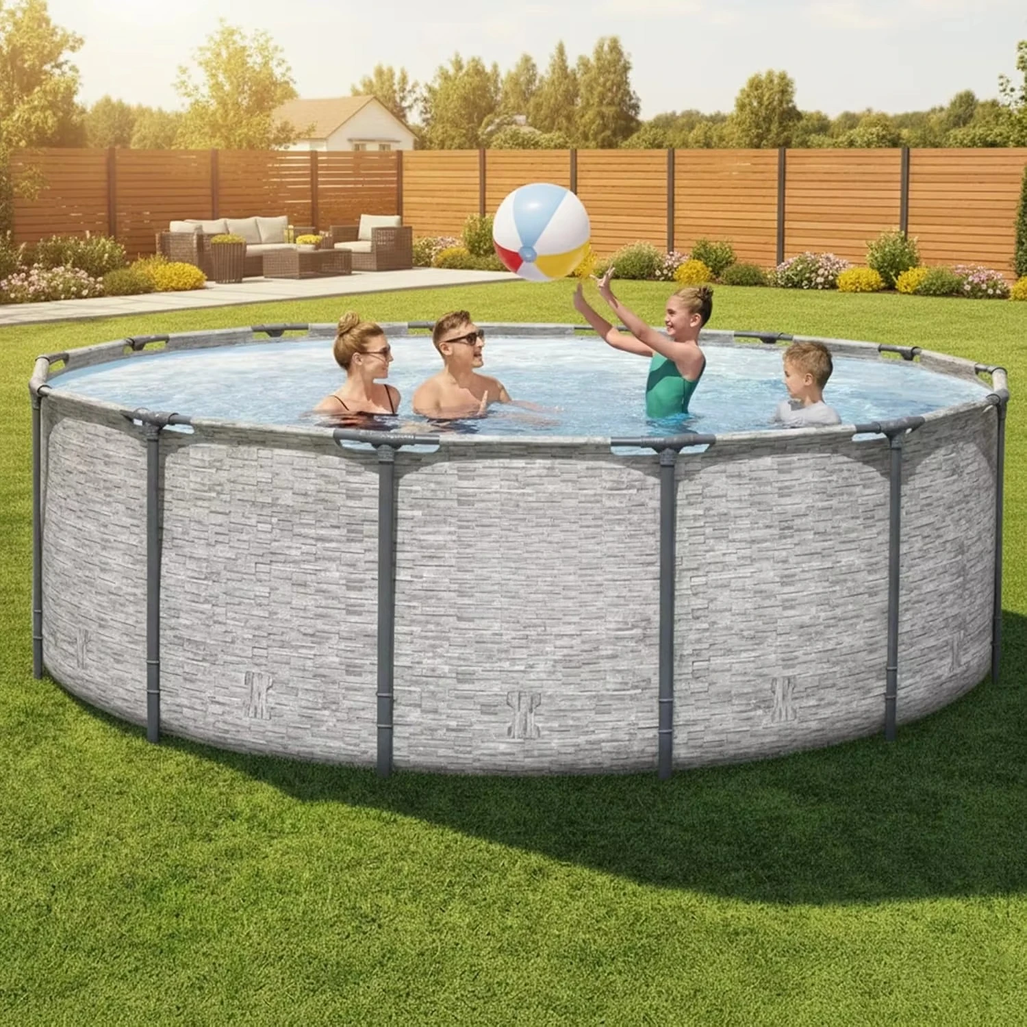 HOT  14ft x 48in Round Metal Frame Above Ground Swimming Pool Set with Filter Pump Ladder & Cover Gray Stone Print