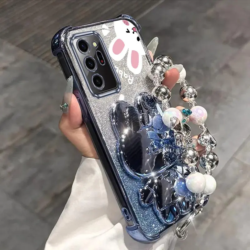 Airbag Glitter Mirror Rabbit Phone Holder Case On For Samsung Galaxy Note 10 20 Ultra Plus Note20Ultra 5G Anti-knock Stand Cover
