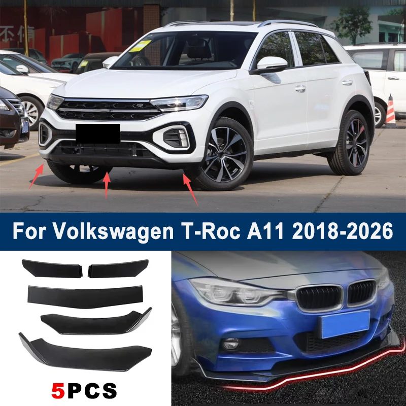 Adjustable 5Pcs Sectional Front Spoiler Lip For Volkswagen VW T-Roc A11 2018-2026 2019 2020 Front Bumper Splitter Sport Body Kit
