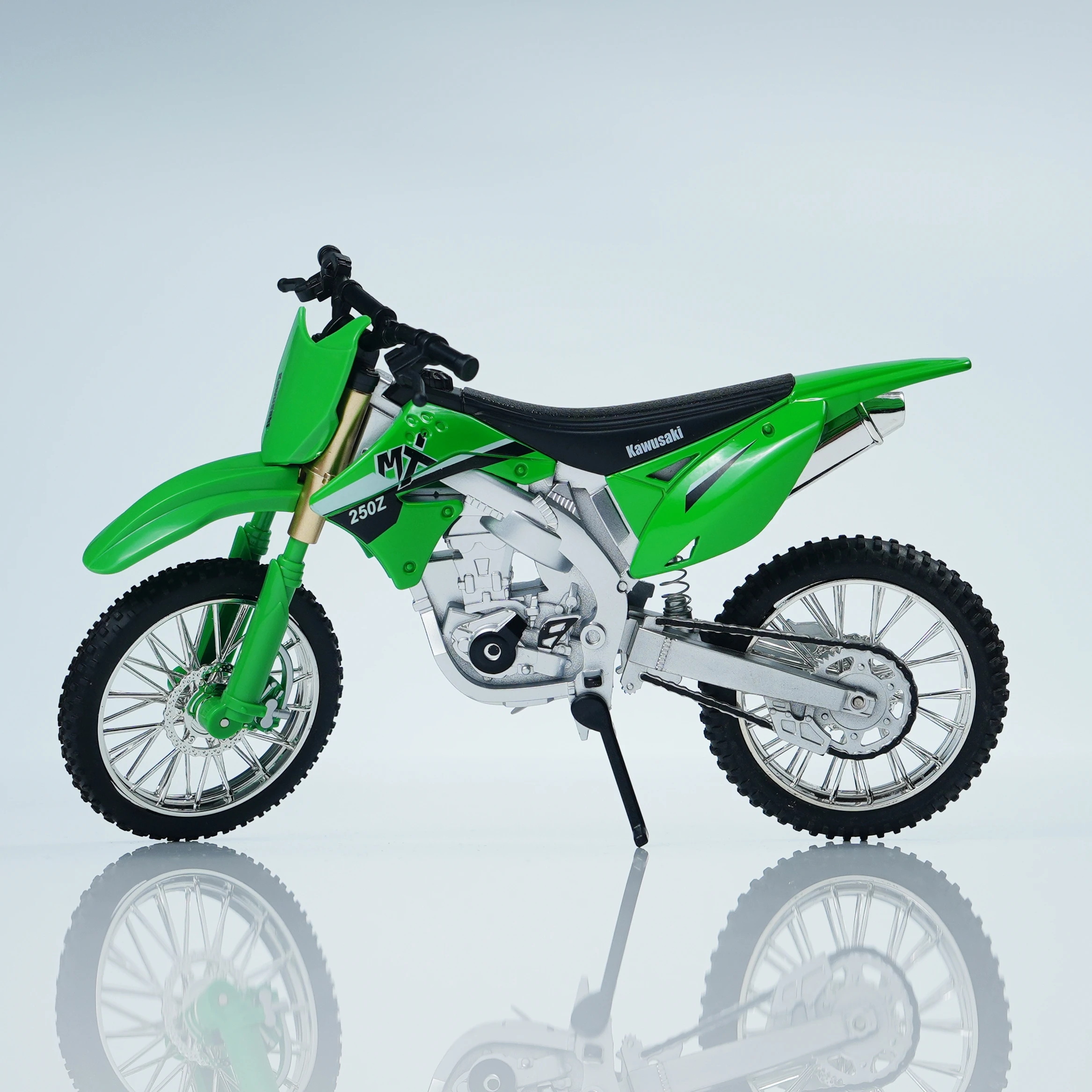 Motocicleta off-road em escala 1:10, verde e laranja, modelo de veículo fundido pré-construído, adequado para regalar ou coletar.
