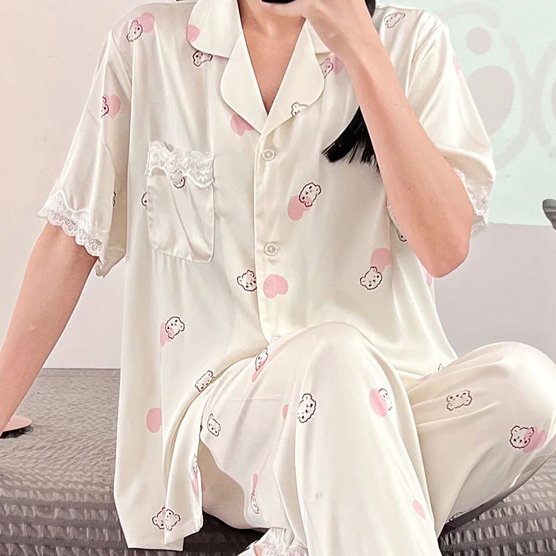 

Short Sleeve Pants Floral Print Woman Satin Pajama Sets Ensembles 2 Piece Two-Piece Lady Outfit Lounge Women Pijama Pajama Pj