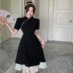 Oversized Women's Slightly Chubby Mm Chinese Style Patchwork Retro Improved Cheongsam Dress New Summer Age Reducing Dress