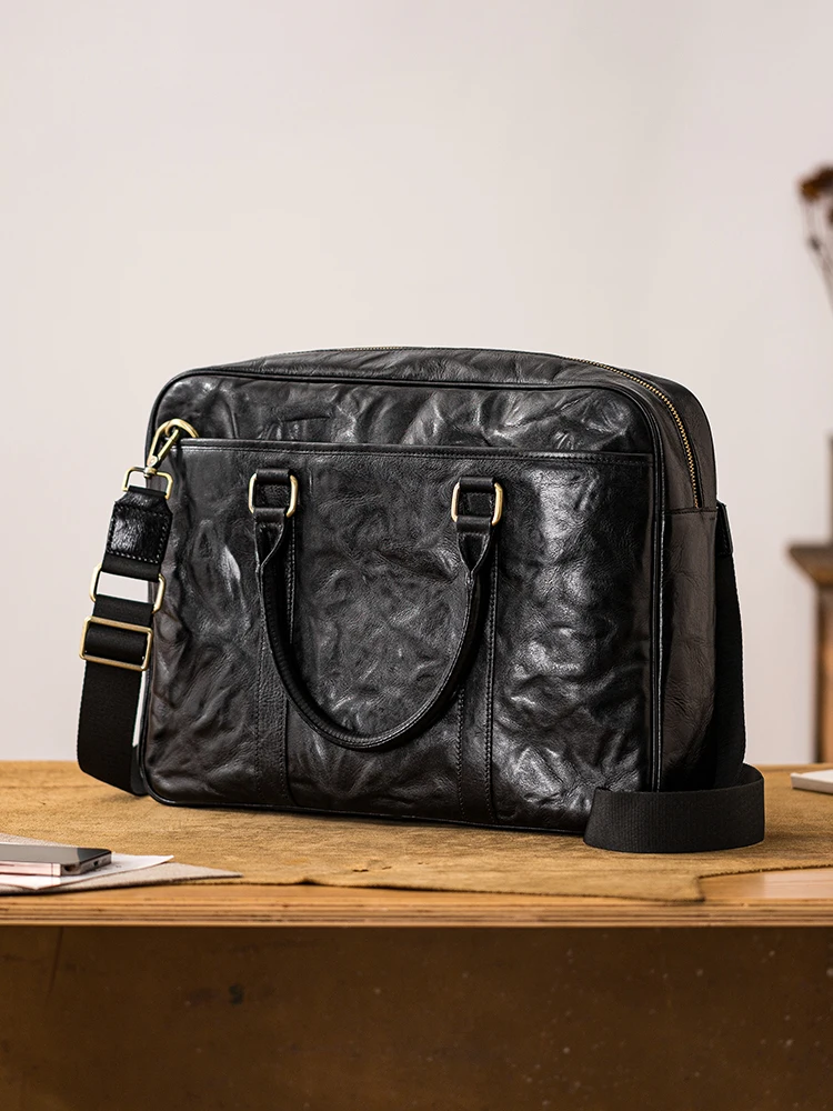 handmade first layer cowhide men's black briefcase office work handbag Business casual genuine leather laptop postman bag