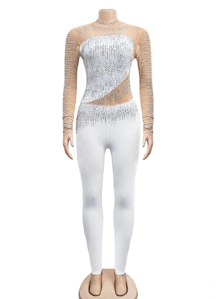 Imagem -06 - Bodysuit Feminino de Manga Comprida Decote Alto Macacão de Diamante Quente Malha Branca Monocromática Elegante na Moda Sexy 2023