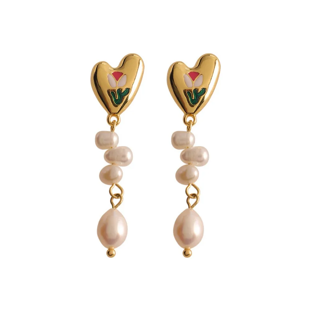 

Classic Love Dripping Oil Tulip Earrings for Women Retro Light Luxury High-end Fashion Temperament Long Freshwater Pearl Tassel