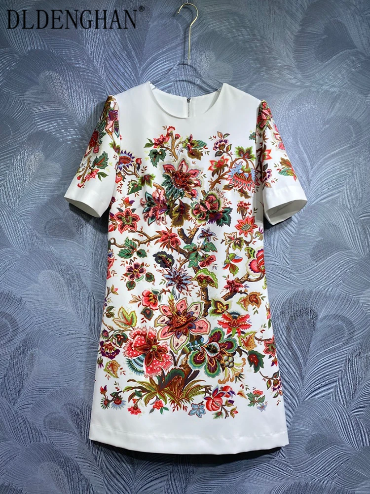 

DLDENGHAN Summer Dress Women's O-Neck Short Sleeve Flower Print Beading Vintage Mini Dresses Fashion Designer New