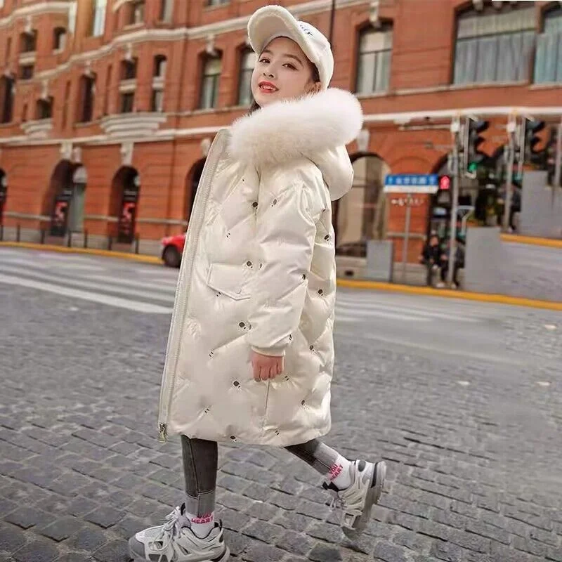 Girl Plush Hooded Jackets -30° Children Thicken Outerwear New Winter Glossy Coats Windproof Fashion Parkas Kids Warm Overcoat