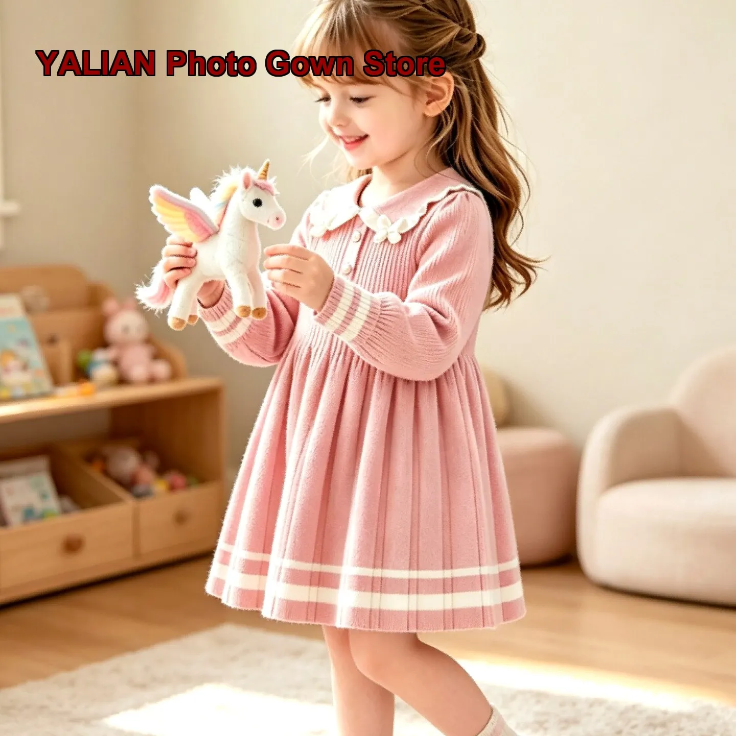 Girls Knit Dress Kids Spring Autumn Navy Blue Fold Collar Long Sleeves Princess Style