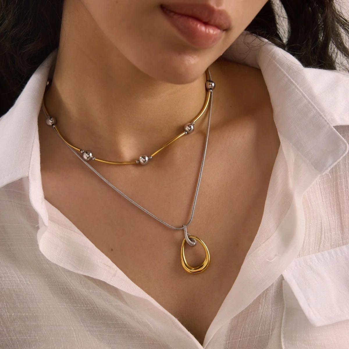 Stainless Steel Irregular Circle Pendant Necklace for Women Men Silver Color Snake Chain Hollow Geometric Round Choker Jewelry
