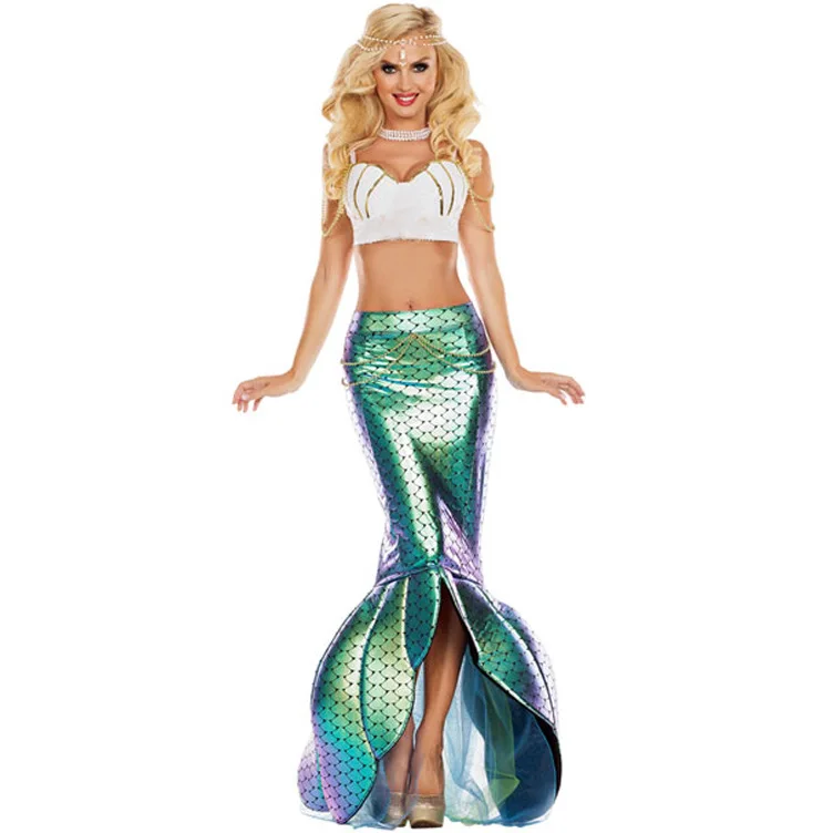 

Women Sexy Mermaid Costume Anime Ariel Cosplay Bra + Mermaid Tail Sequined Maxi Skirts Set Princess Dress Set Halloween