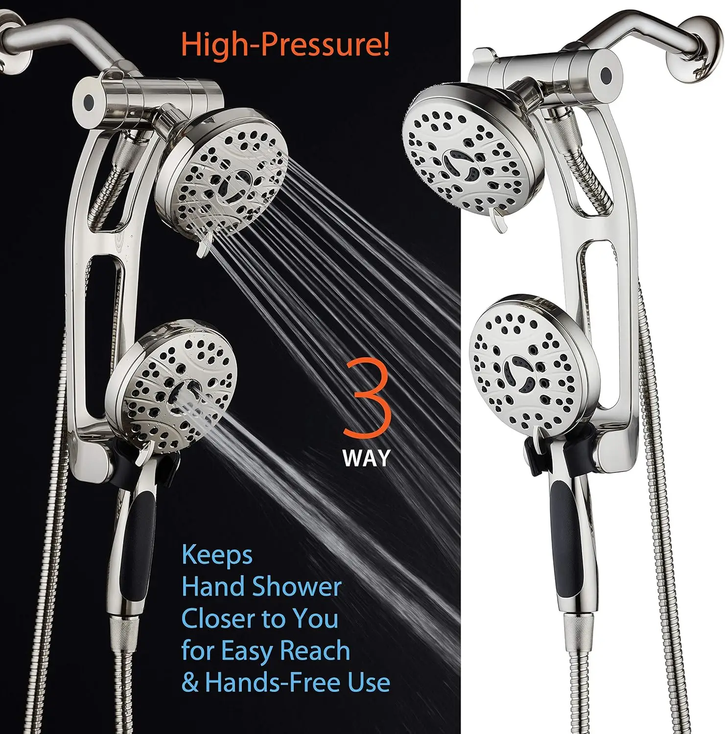 High Pressure 48-mode Luxury 3-way Combo with Adjustable Extension Arm  Handheld Shower Head  6 Foot Stainless Steel Hose