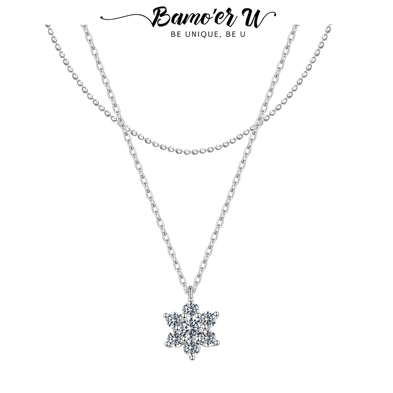 

Bamoer U Double-layer Moissanite Necklace 925 Sterling Silver Shining Snowflake Pendant Link O-Chain for Women Winter Xmas Gift
