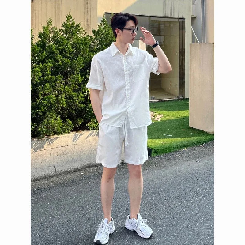 Casual Linen Cotton Set Men's 2026 New Summer Linen Short Sleeve Shirt Shorts Two Piece Set Male Model Youth Long Sleeve Long...