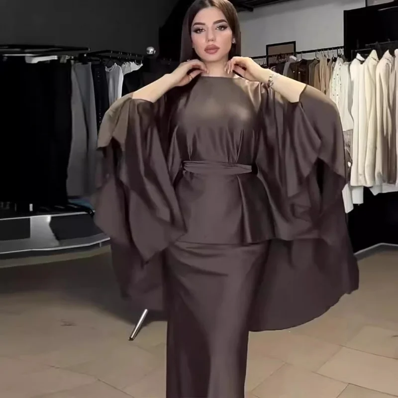 Nuevo vestido de manga larga con cuello redondo de primavera, conjunto de satén drapeado con lazo en la cintura y manga de murciélago