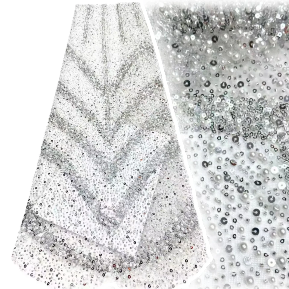 

Green African Tulle Lace Fabric French Net Sequins Fabric Sewing Embroidery with Beads Lace Tulle Mesh Nigeria Dress 5 Yards 962