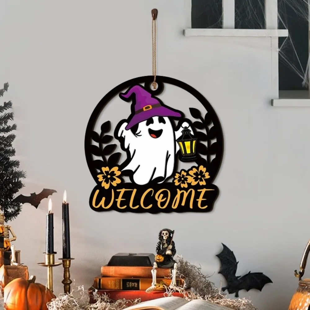 Round Halloween Ghost Door Hanger Cartoon Hollow Out Ghost Hanging Plaque with Witch Hat Rustic Halloween Front Door Decor