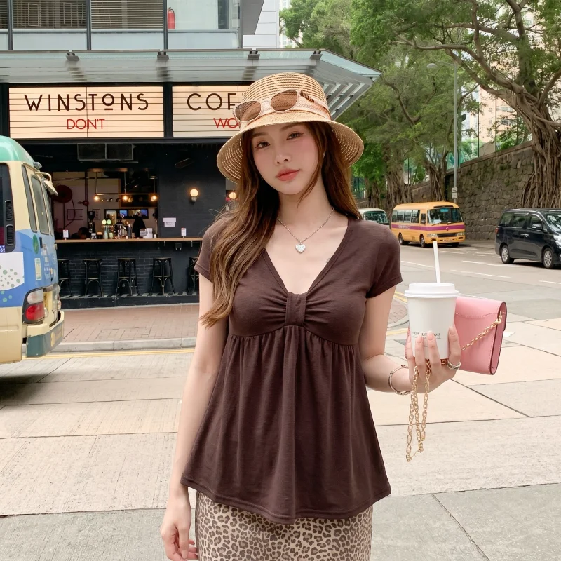 Slimming Pleated V-Neck Doll Shirt Women's Summer New Loose Short Sleeve T-Shirt Inner Wear Meat Covering Versatile Simple Top
