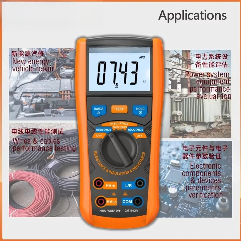 Motor Checker-Milliohm/Insulation/Inductance Tester (0.1m-200 1M-6000M 0.01mH-99.99H) Portable Handheld