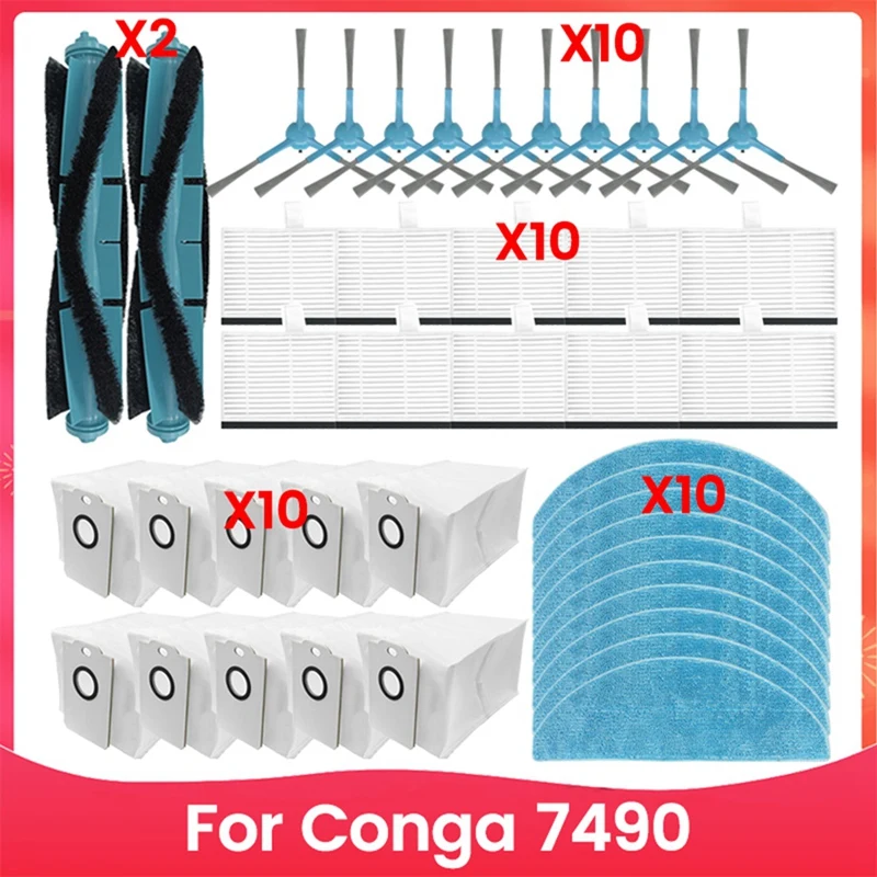 For Conga 7490 Vacuum Accessories Replacement Parts Main Brush Side Brush HEPA Filter Mop Cloth Dust Bag