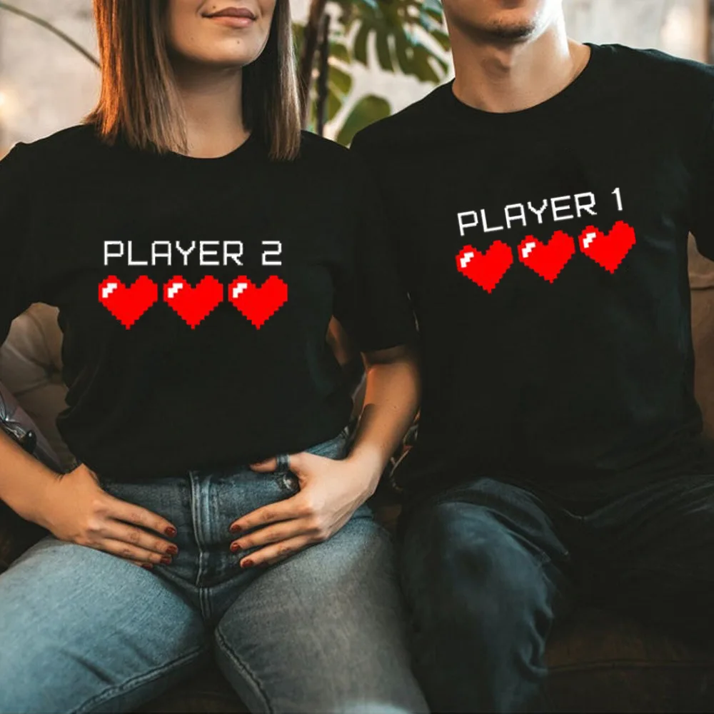 

PLRYER 1 2 Heart Print LoversT Shirt Couple Short Sleeve O Neck Loose Tshirt Summer Women Man Tee Shirt Tops Camisetas Mujer