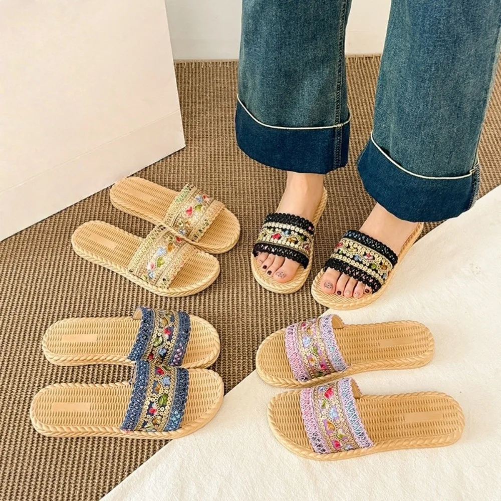 Holiday Ethnic Style Slippers Waterproof Non-Slip Seaside Sandals Simulated Hand-knit Look Shoes Vacation Beach Slippers Girls
