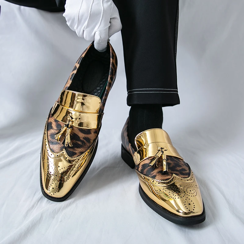 Designer Tassel Luxury Gold Leopard Dress Shoes Elegant Men's Oxfords Glossy Leather Office Wedding Party Formal Shoes For Men