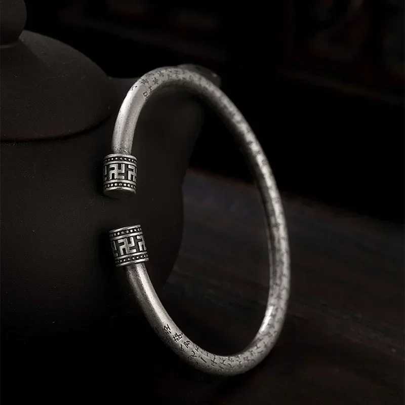 

silver 925 engraved Heart Sutra charm bracelet for women open for men retro style solid bangles charms simple jewelry