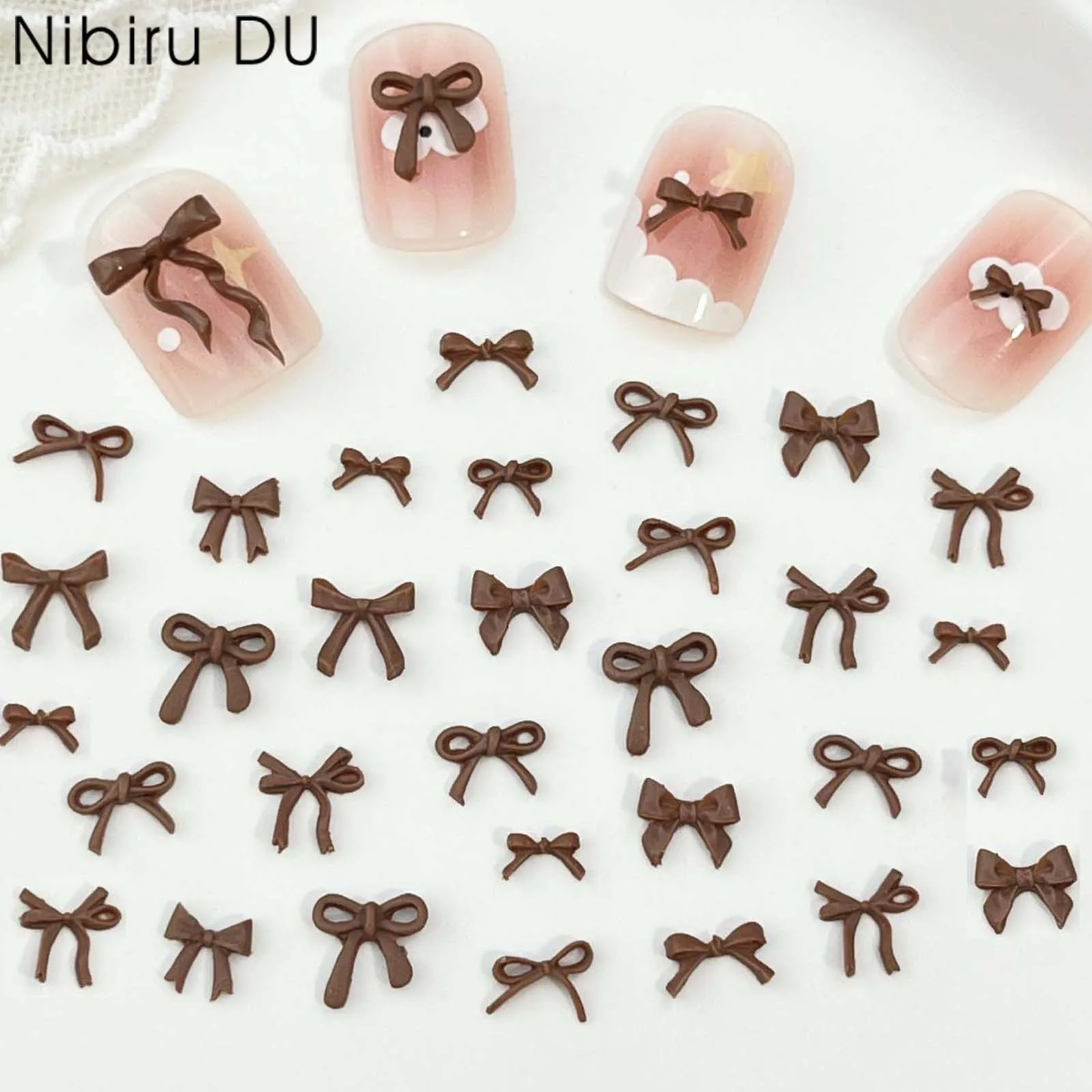 100pcs 3D Acrylic Charms Resin Bowknot Winter Maillard Brown Ribbon Bow Nail Art Decorations DIY Manicure Accessories Rhinestone