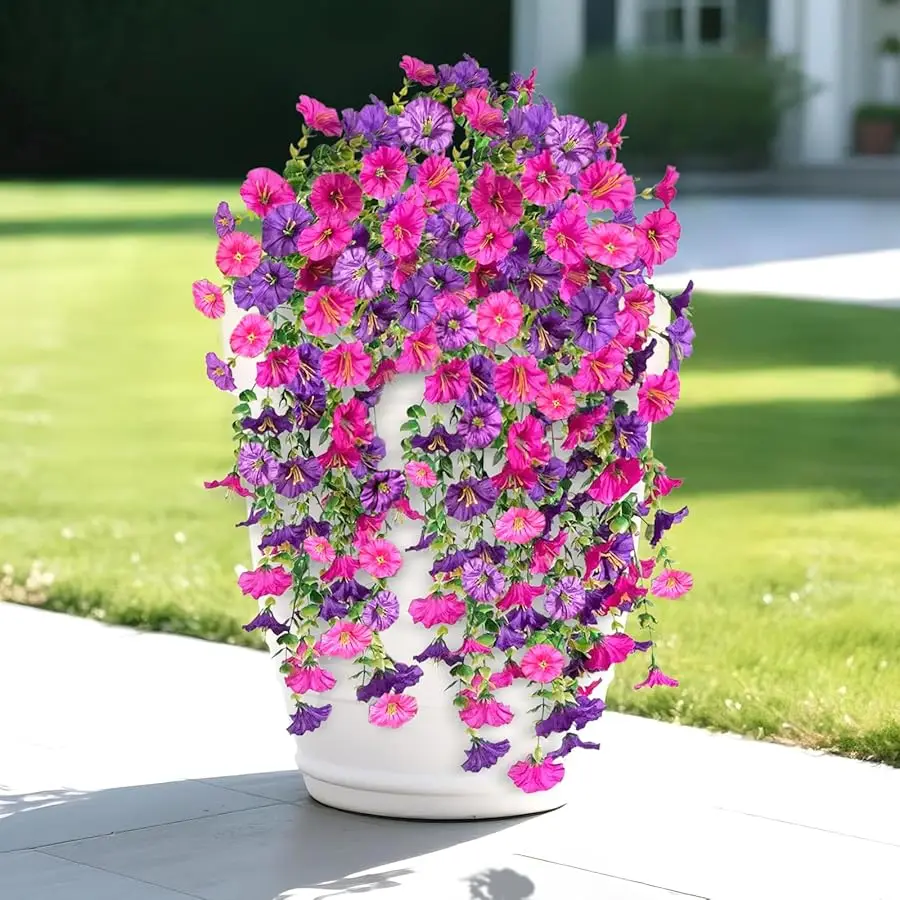 

Artificial Flowers for Outdoors Decoration, 4Pcs Fake Hanging Flowers Morning Glory UV & Fading Resistant, Artificial Faux Plant