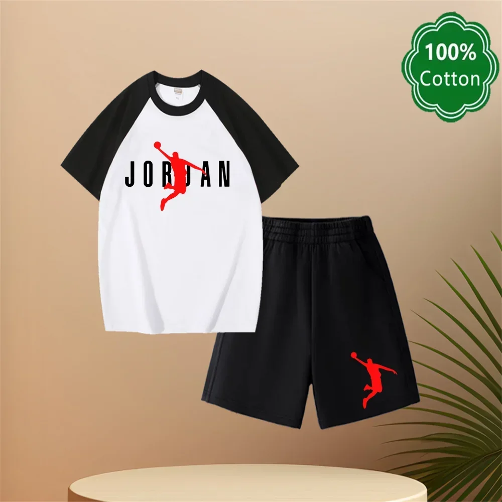 Harajuku Jordan Print T-shirt And Casual Shorts Set 100% Cotton Classic Design Summer Gift for Boys And Girls 3-14 Years Old